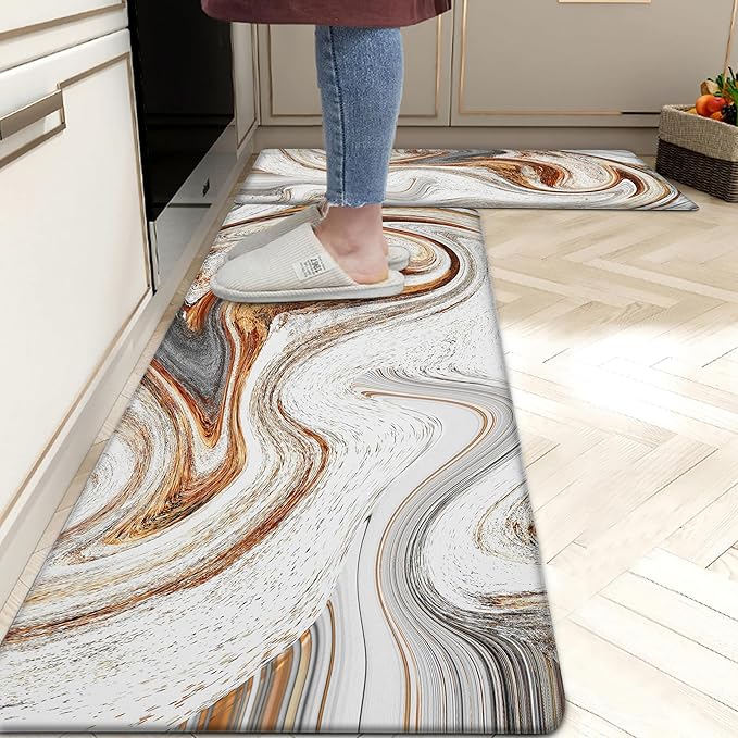 Kitchen Mats for Floor Anti Fatigue Floor Marble Cushioned Memory Foam Non Slip PVC Leather Padded Comfort Standing Rugs Set of 2, 17.3x28+17.3x47 Inch,0.4 Inch Thick