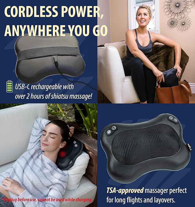 Zyllion Shiatsu Back and Neck Massager with Heat - Cordless Rechargeable 3D Electric Kneading Deep Tissue Massage Pillow with 2 Speeds for Muscle Pain Relief, Black, ZMA-34RB