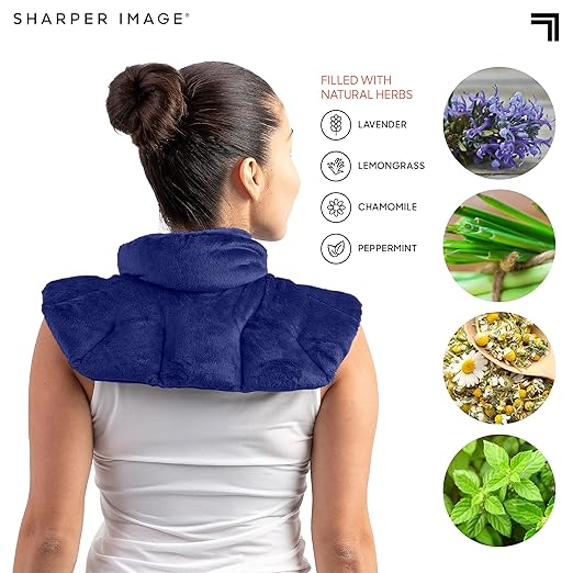 Sharper Image Heated Neck & Shoulder Wrap - Microwavable Warm & Cooling Plush Pad, Scented Aromatherapy (100% Natural Lavender & Herb Spa Blend), Pain Tension Headache Relief Therapy, Gift for Women