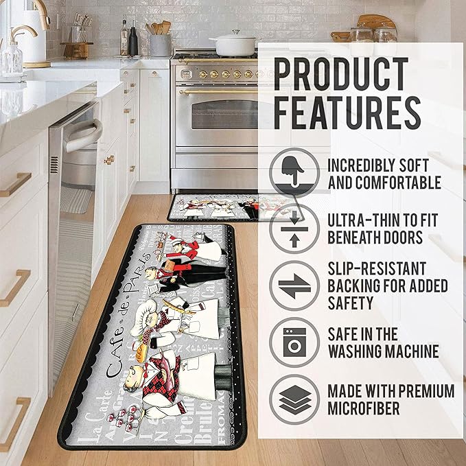 Black Fat Chef Kitchen Rugs 2 Piece Set for Floor Mat, Non Skid Washable Absorbent Microfiber Fat Chef Kitchen Mat for in Front of Sink for Standing for Home Fat Chef Kitchen Decor 17"X30"+17"X47"