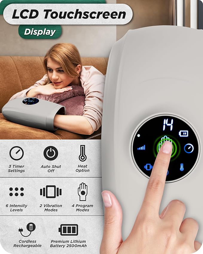 Lunix LX7 FSA Carpal Tunnel & Wrist Pain Relief Device, Heated Air Compression Hand Massager for Arthritis, Mothers Day Gifts for Women & Mom, Touchscreen, Cloud Gray