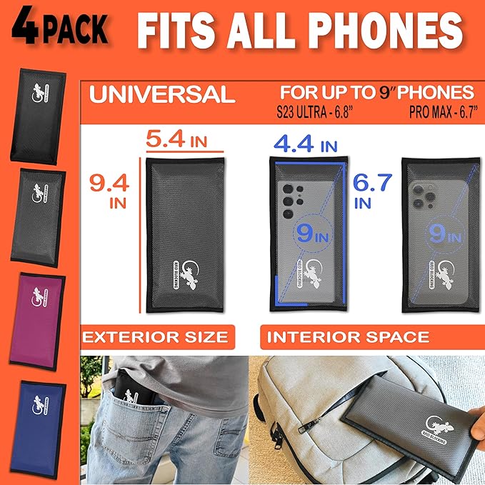 4 Faraday Bag Anti-Tracking GPS RFID Car Key Signal Blocker Wallet Shielding Pouch Protective Case for Cell Phone Car Key FOB, Data Privacy, Electronic Device Security (4 PACK - FAMILY PACK)