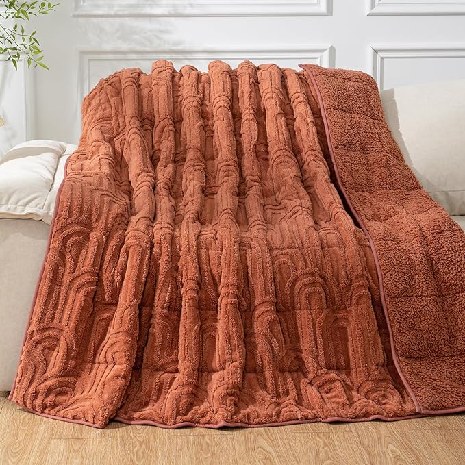 Cottonblue Jacquard Weighted Blanket for Adults 15 lbs Twin Size, Cozy Fluffy Sherpa Fleece Weighted Throw Blankets 48" x 72" for Sleep Relax, Fuzzy Warm Arch Heavy Blanket for Bed Couch, Rust Pink