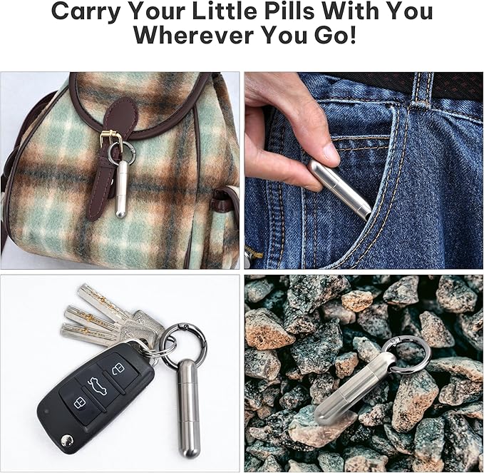 Titanium Keychain Pill Holder,Portable Mini Pill Case, Waterproof Small Pill Container,Mental Pill Box for Travel Purse Pocket (2 Compartment)