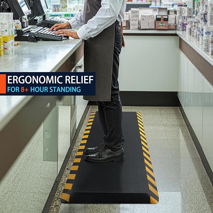 FEATOL Anti Fatigue Mat Industrial, Ergonomic Standing Floor Mat for Work for Stand -Safety Support for Leg & Back Pain(Yellow Border, 20" x 39", 1PC)