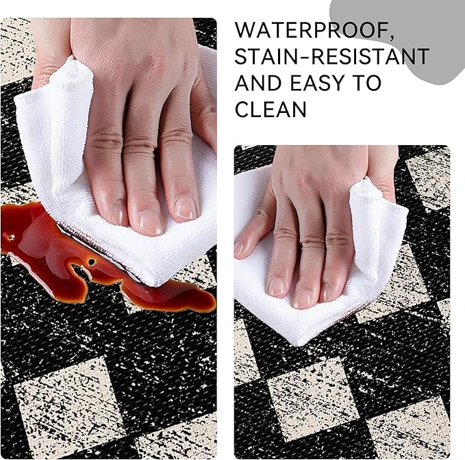 Black Beige Moroccan Trellis Checkered Kitchen Rug Sets [2 PCs], Anti-Fatigue, Waterproof Non-Slip Kitchen Mats Heavy Duty Ergonomic Comfort Foam Rug for Floor, Home, Laundry,17"x29"+17"x47"