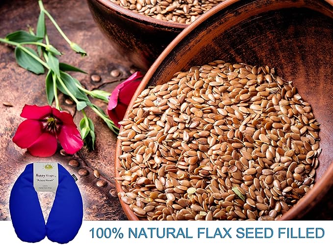 Microwavable Unscented Flax Seed Neck Wrap & Free Sleep Eye Mask - Hot Cold Heating Pad for Shoulder & Neck Pain Relief Pillow - Stress & Migraine Relief - Heat or Freeze - Navy