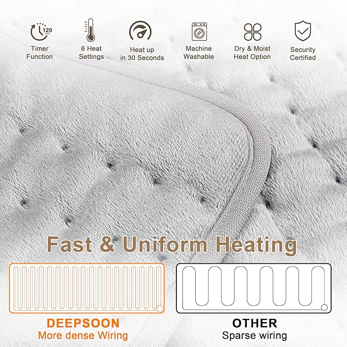 Deepsoon Heating Pad,Electric Heating Pads for Back,Neck,Abdomen,Moist Heating Pad for Shoulder,Knee,Arms,Legs,Dry/Moist Heat & Auto Shut Off,Christmas Gifts for Men and Women,Light Gray,24x20 Inch
