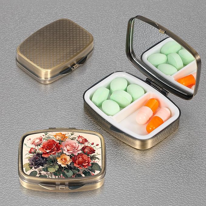 Dynippy Pill Case Pill Box with Mirror Retro Pocket 2 Compartment Medicine Case Vitamin Pill Organizer for Pocket Purse and Travel (Cute Flower)