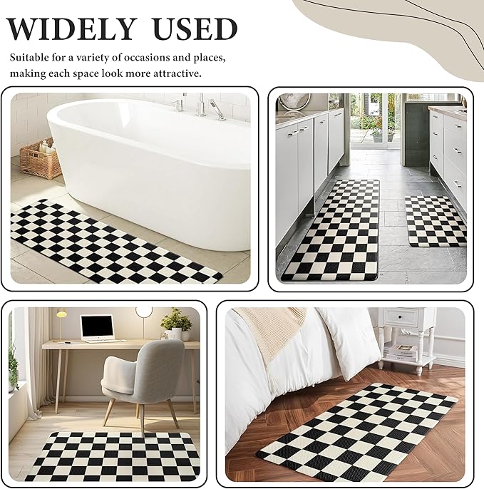 Beige Black Checkered Grid Checkerboard Kitchen Rug Sets [2 PCs], Anti-Fatigue, Waterproof Non-Slip Kitchen Mats Heavy Duty Comfort Foam Rug for Kitchen, Floor, Laundry,17"x59"