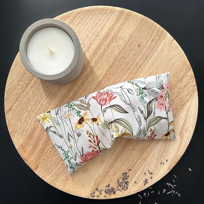 100% USA Handmade, Washable Cotton Eye Pillow 9", Moist Heat Eye Compress, Unscented Hot/Cold Therapy Pack (Stemmed Floral, Rice)