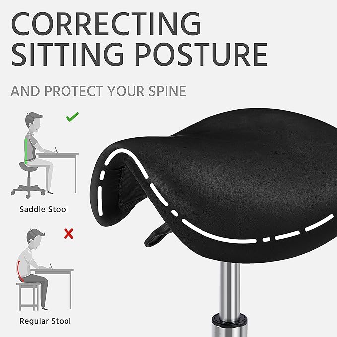 Yaheetech Saddle Stool Rolling Saddle Chair with Wheels Swivel Adjustable Stools for Hair Stylist/Lash Tech PU Leather Tattoo Massage Chair, Black