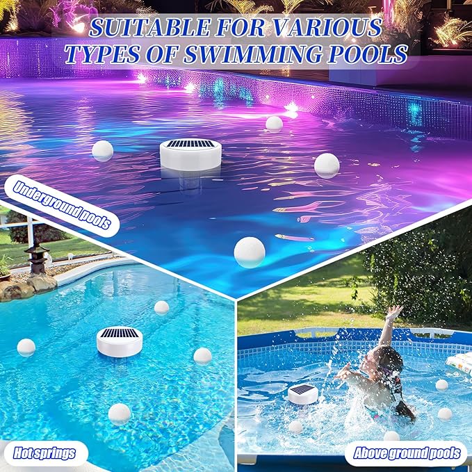 Qualirey Solar Pool Ionizer Automatic Floating Pool Cleaner, Water Ionizer with 4 Pcs Scum Eliminating Ball, for Above Ground and Inground Pools, up to 35, 000 Gallons (Without Light)