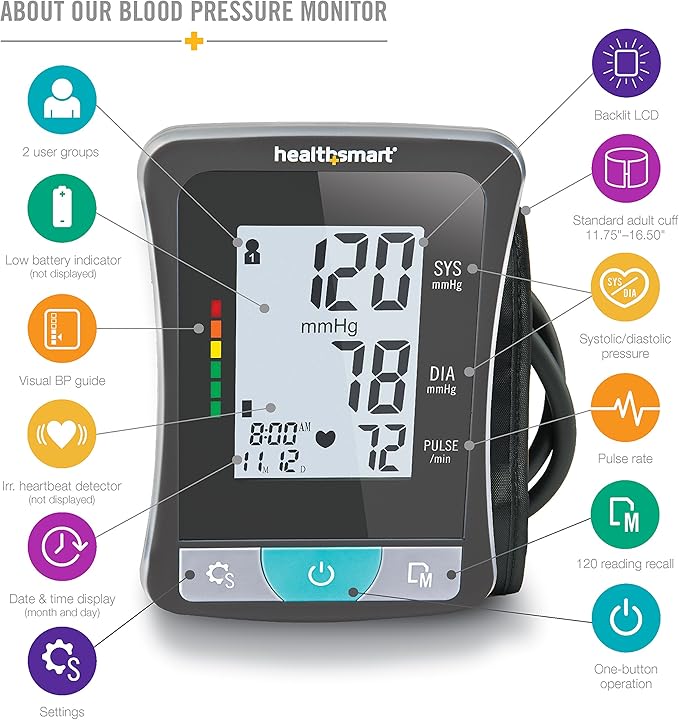 HealthSmart Digital Select Arm Blood Pressure Monitor with Automatic Upper Arm Cuff that Displays Blood Pressure, Pulse Rate and Irregular Heartbeat, Stores up to 120 Readings for 2 Users
