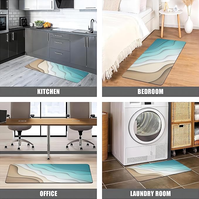 Kitchen Mats for Floor Anti Fatigue Floor Blue Cushioned Memory Foam Non Slip PVC Leather Padded Comfort Standing Rugs Set of 2, 17.3x28+17.3x47 Inch, 0.4 Inch Thick