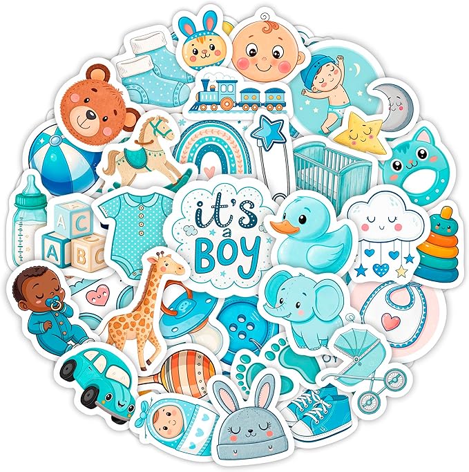 100Pcs Baby Boy Stickers for Shower Favors, Scrapbooking - Newborn Stickers - Baby Boy Shower Party Supplies & Decoration