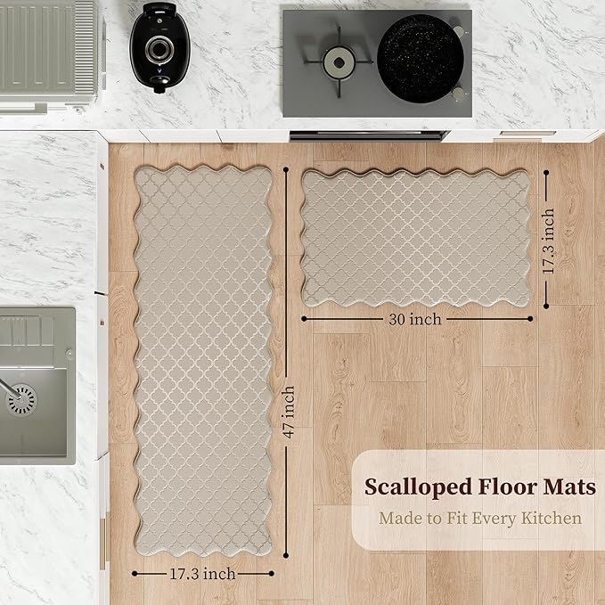 Upgrade Scalloped Embossed Kitchen Mats for Floor 2PCS Cushioned Anti Fatigue Waterproof Foam Kitchen Rugs Non Slip Washable Comfort Standing Mat for Sink Laundry,17.3"x30"+17.3"x47",Khaki