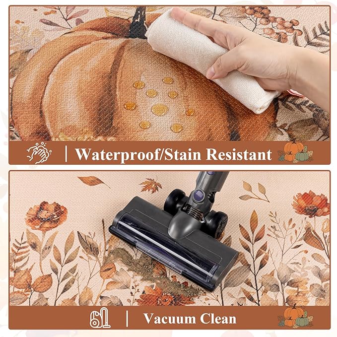 U'Artlines Fall Kitchen Rugs Sets of 2, Kitchen Mats Cushioned Anti Fatigue Printed on Both Sides, Autumn Pumpkin Flowers Comfort Desk Standing Rugs for Halloween Home Fall Decoration 17"x28"+17"x47"