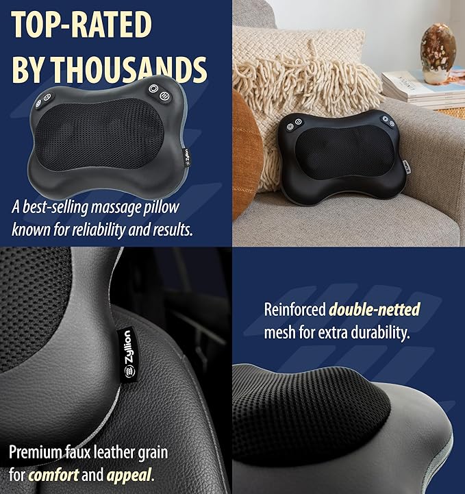 Zyllion Shiatsu Back and Neck Massager with Heat - Cordless Rechargeable 3D Electric Kneading Deep Tissue Massage Pillow with 2 Speeds for Muscle Pain Relief, Black, ZMA-34RB