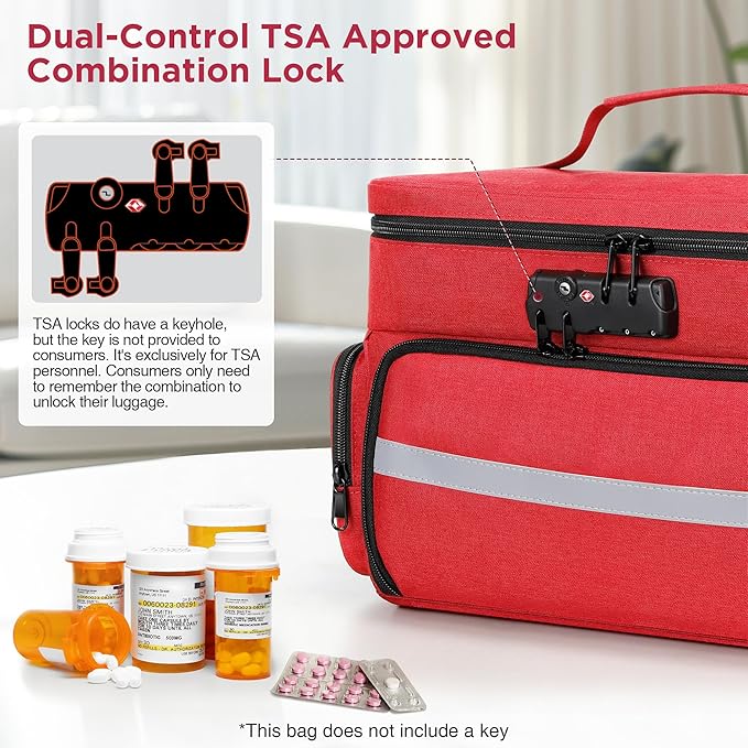 Zannaki Medicine Bag with 3 Removable Pouches, First Aid Bags Empty with Combination Lock, Double Layers Pill Bottle Organizer with Shoulder Strap, Large Medication Travel Storage for Medical Supplies