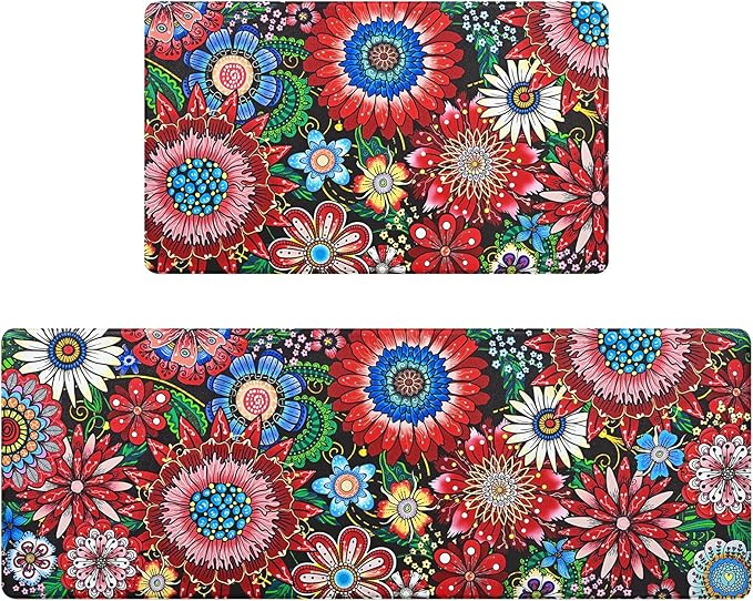 Likiyol Boho Kitchen Rugs Floral Kitchen Mats for Floor Bohemian Cushioned Anti Fatigue Mats for Kitchen Floor Non Slip Washable Kitchen Mat for Home, Sink, 18''x30''+18''x48'', Red