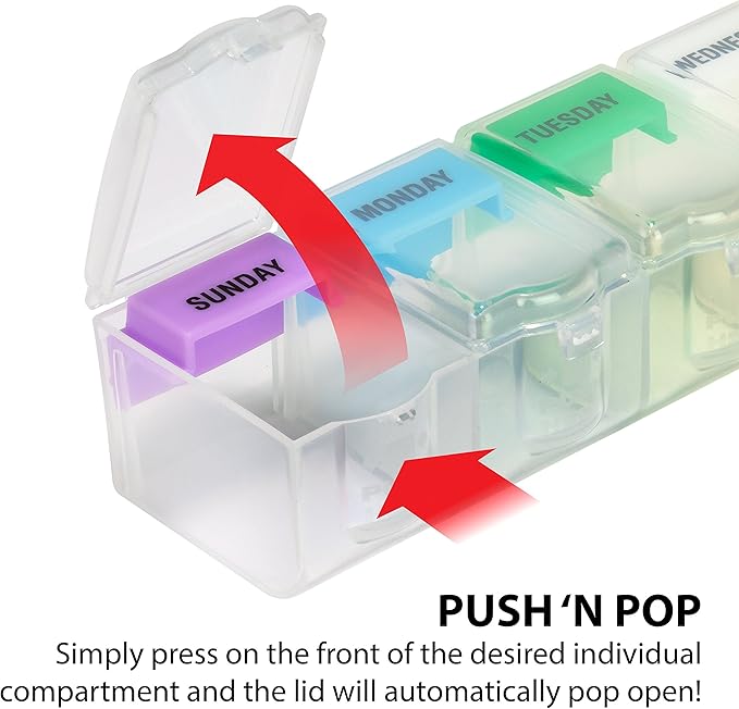 EZY DOSE Weekly (7-Day) Pill Planner, Medicine Case, Vitamin Organizer Box, 2X-Large Push N' Pop Open Compartments, BPA-Free, Rainbow/Clear Design
