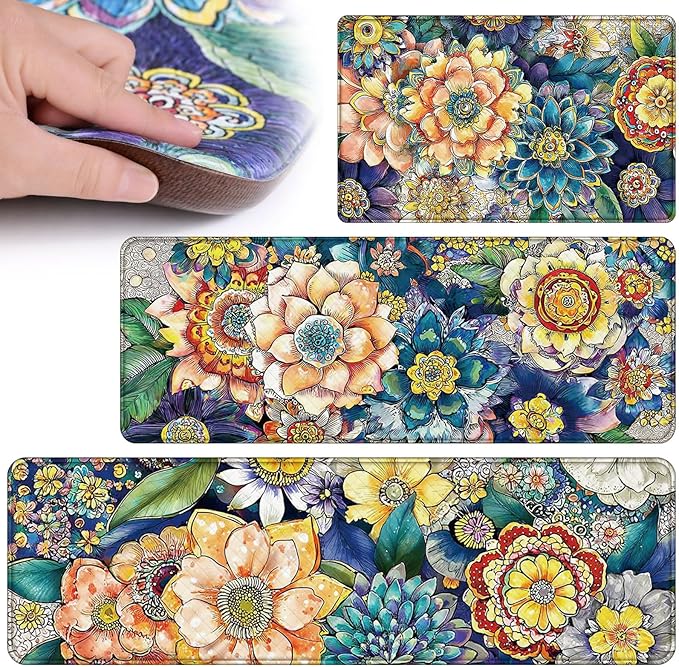 Dunzy 3 Pcs Spring Boho Floral Anti Fatigue Kitchen Mats for Floor Vintage Floral Cushioned Foam Mat Non Slip Waterproof Standing Rug Set for Sink Laundry Home, 17" x 29" 17" x 47" 17" x 59"(Boho)