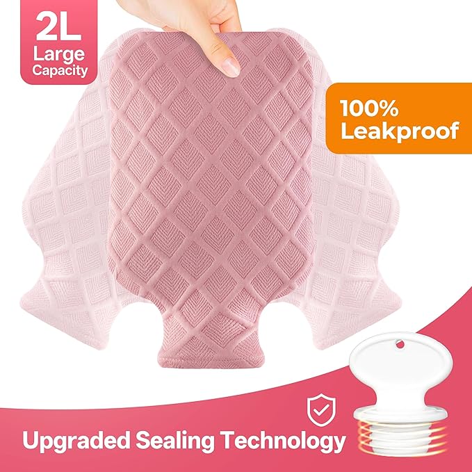 Hot Water Bottle with Soft Cover, 2L Hot Water Bag, Hot and Cold Therapies for Sore Muscles, Menstrual Cramps, Neck and Shoulder Pain Relief, Great Gifts for Women, Childs, Pink