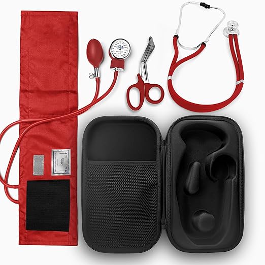 ASA TECHMED Medical Starter Kit – Stethoscope, Durable Blood Pressure Monitor, EMT Shears & Protective Carrying Case – Ideal for Healthcare Students & Professionals, Red