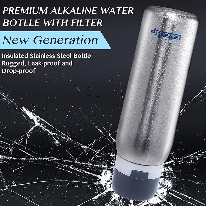 –25 Ounce Premium Stainless Steel Water Bottle with Filter – BPA Free - Travel Essentials - Alkaline Water Filter pH 9+ (Black)