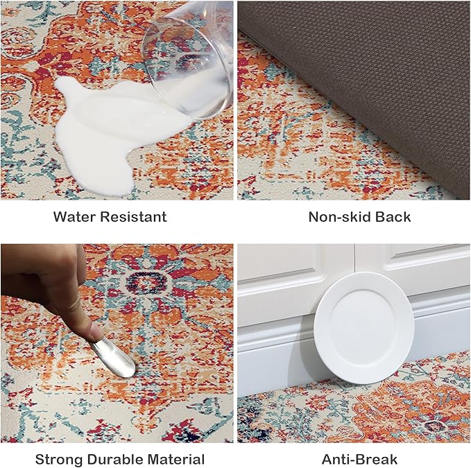 MAYHMYO Boho Kitchen Mat Anti Fatigue Ethnic Kitchen Cushioned Floor Mat Orange Blue Kitchen Rugs Non Slip Rugs for Kitchen Floor Office