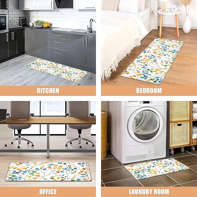 weesire Anti Fatigue Mats for Kitchen Floor Boho Kitchen Rugs Colorful Floral Leaves Memory Foam Cushioned Non-Slip Waterproof Kitchen Mat PVC Kitchen Rug Set, 17.3x28+17.3x47 inches, Laundry, Yellow