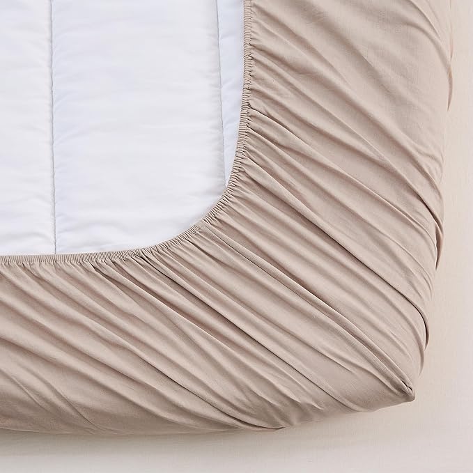 Simple&Opulence Belgian Linen Sheet Set Solid Color - 4 Pieces (1 Flat Sheet & 1 Fitted Sheet & 2 Pillowcases) Natural Flax Cotton Blend Soft Bedding Breathable Farmhouse - Khaki, Queen Size