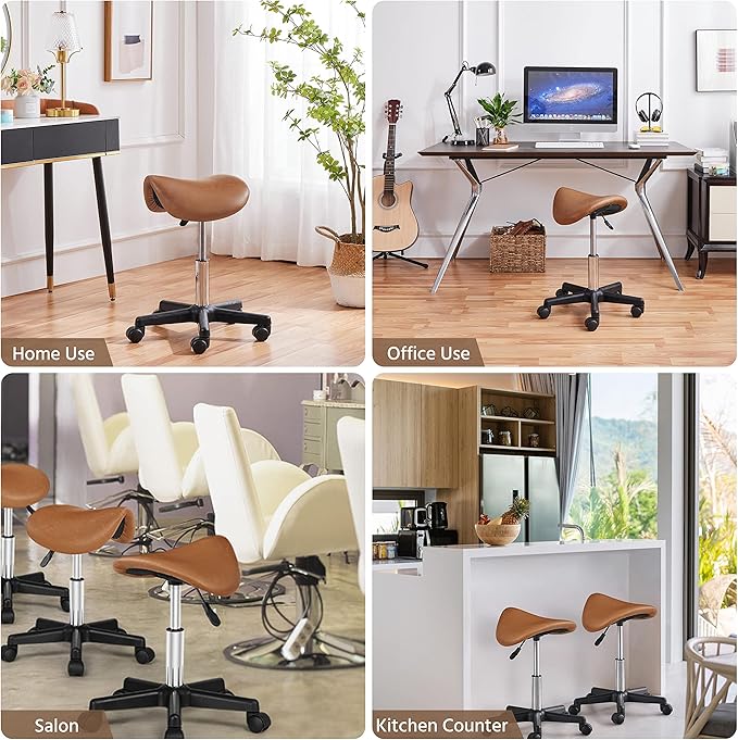 Yaheetech Saddle Stool Rolling Saddle Chair with Wheels Swivel Adjustable Stool for Hair Stylist/Lash Tech PU Leather Tattoo Massage Chair, Retro Brown