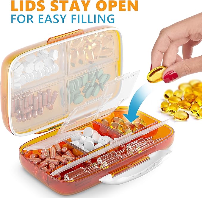 Travel Pill Organizer Medicine Dispenser - Moisture-Proof Pill Boxes and Organizer - Portable Vitamin Container Holder - 8 Large Compartments for Medication and Supplements