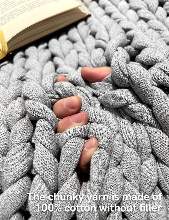 YnM 100% Cotton Weighted Blanket, Handmade Chunky Knitted Throw, No fillers Design, Soft and Breathable, Machine Washable Bed Blanket for Sleep or Home Decor (Lighte Grey, 50x60 Inch, 15lbs)