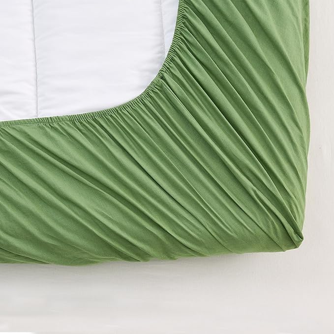 Simple&Opulence Belgian Linen Sheet Set Solid Color - 4 Pieces (1 Flat Sheet & 1 Fitted Sheet & 2 Pillowcases) Natural Flax Cotton Blend Soft Bedding Breathable Farmhouse - Khaki Green, Queen Size