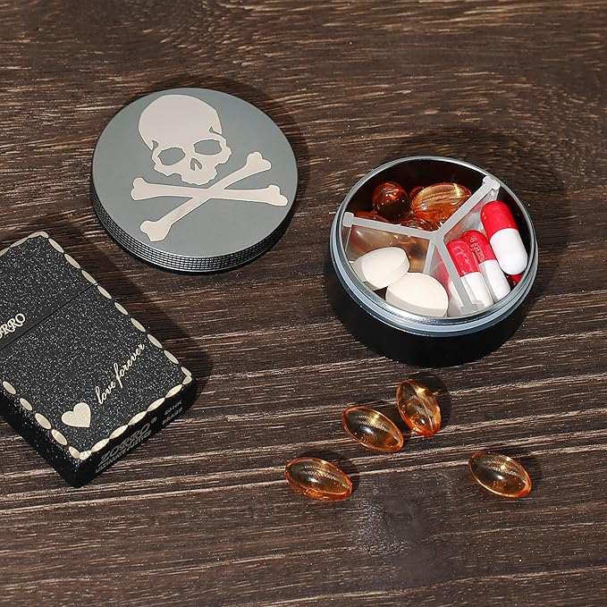 Small Pill Case 3 Compartments, Metal Round Portable Pill Box, Waterproof Travel Pill Organizer, Pocket Purse Medicine Vitamin Holder EDC Container (Grey with Gold Head)