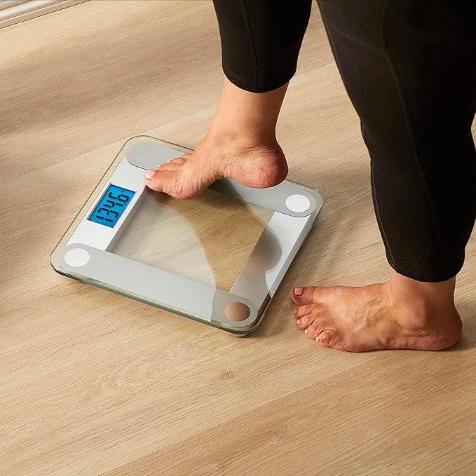 Eat Smart Digital Bathroom Scale with Extra Large Easy to Read Lighted Display, Weight Tracking, Includes Body Tape, Grey and Clear
