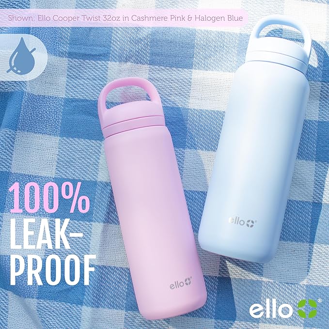 Ello Cooper Twist 18oz Kids Stainless Steel Water Bottle with Chug Lid | Leak Proof Double Wall Vacuum Insulated | Fits Car Cupholder | Built in Carry Loop | Dishwasher Safe | Cashmere Pink
