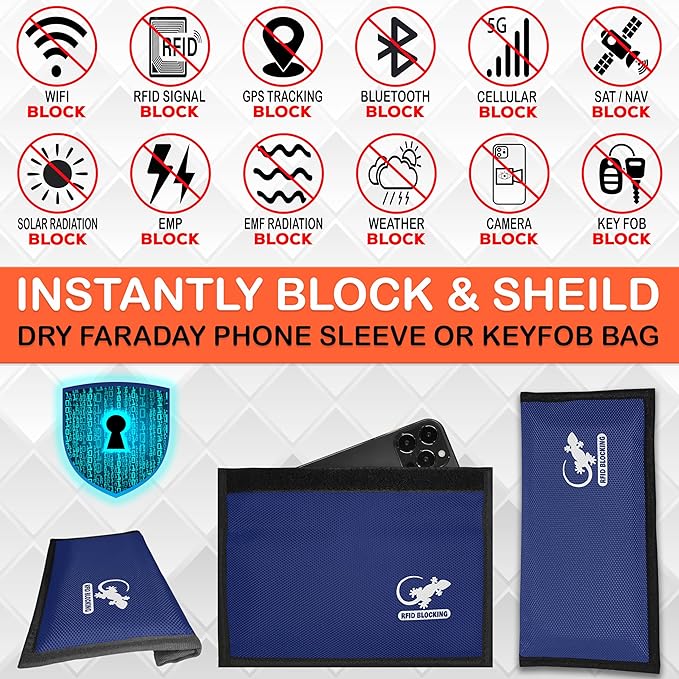 Gecko Travel Tech Blue Nylon Faraday Bag - Signal Blocker for Cell Phone, Car Key FOB, Data Privacy (BLUE - NYLON)