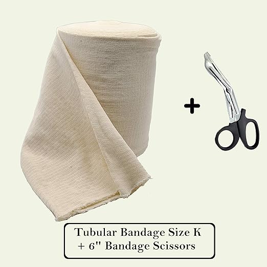 Tubular Compression Bandage Size K (8.5” x 33 ft) – Elastic Stockinette Support Sleeve for Waist, Trunks, Thick Quads – Cut-to-Fit, Washable Reusable, No Tape – Plus Medical Scissors