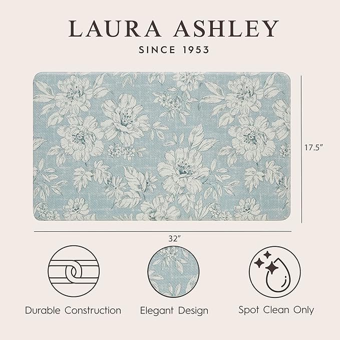 Laura Ashley - Anti-Fatigue Kitchen Mat, Iris Floral Design, Stain, Water & Fade Resistant, Cooking & Standing Relief, Non-Slip Backing, Measures 17.5" x 32", Light Blue Iris