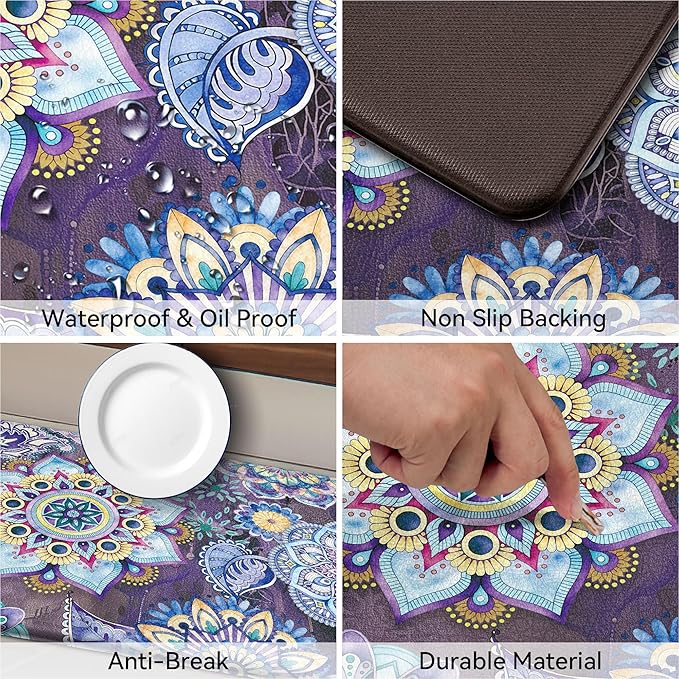 Boho Purple Floral Kitchen Rugs Mats for Floor 2 Piece Memory Foam Padded Kitchen Mats Anti Fatigue Non Slip Cushioned Comfort Standing Mat, 17.3x28+17.3x47 Inch