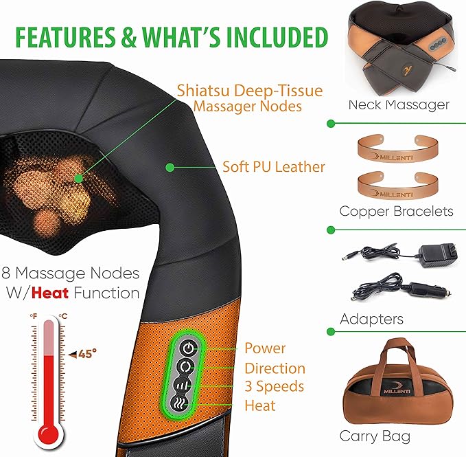 Millenti Shiatsu Back Neck Massager with Heat & Magnetic Healing Copper Bracelets - Pain Relief Deep Tissue 3D Kneading Shoulder Massagers - Up to 5.8” Tall, Black Copper, CHBNSM