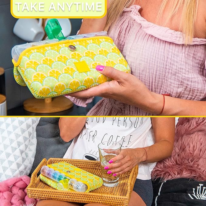 Made Easy Kit Pill Case Large 7-Day / 28 Compartments in Neoprene Carrier with Storage Pill Box in Daily in Morn, NOON, EVE, Bed a Weekly Vitamin, Medicine, Capsule Organization (Lemon & Lime)