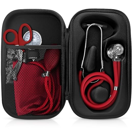 ASA TECHMED Medical Starter Kit – Stethoscope, Durable Blood Pressure Monitor, EMT Shears & Protective Carrying Case – Ideal for Healthcare Students & Professionals, Red