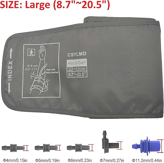 Extra Large Cuff Compatible with Most BP Monitors 9"-21" Inches (22-52CM) XL Blood Pressure Cuff Adult ARM BP Replacement Cuff for Big ARM (Large + 5 Connectors)