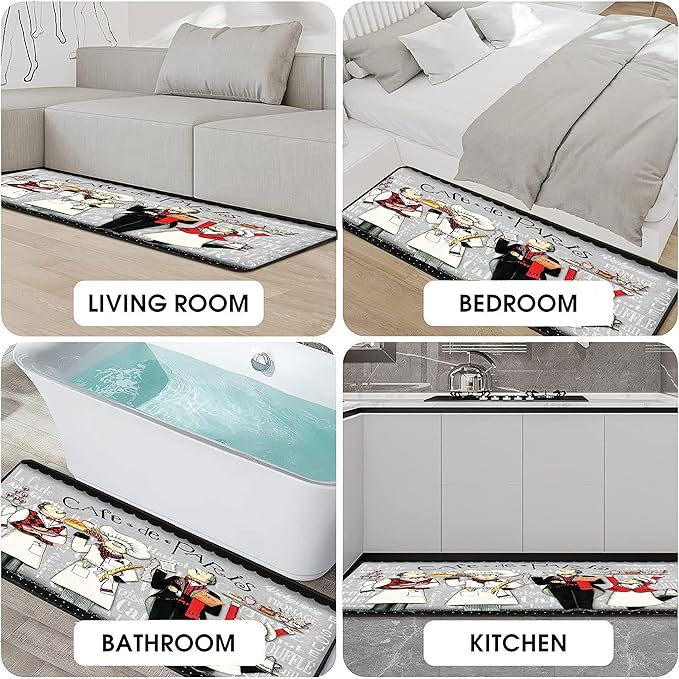 Black Fat Chef Kitchen Rugs 2 Piece Set for Floor Mat, Non Skid Washable Absorbent Microfiber Fat Chef Kitchen Mat for in Front of Sink for Standing for Home Fat Chef Kitchen Decor 17"X30"+17"X47"