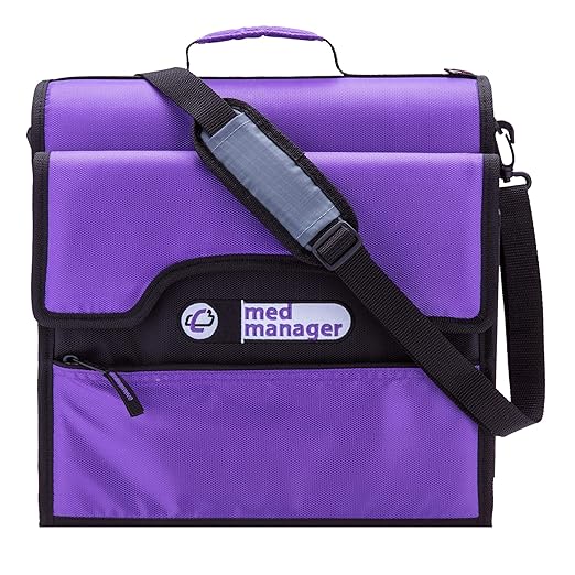 Med Manager Medicine Organizer and Portable Medical Binder, Holds (15) Pill Bottles - (11) Standard Size and (4) Large Bottles, Includes Removable 5-Tab File Folder, Purple, 14 x 14 x 4 inches